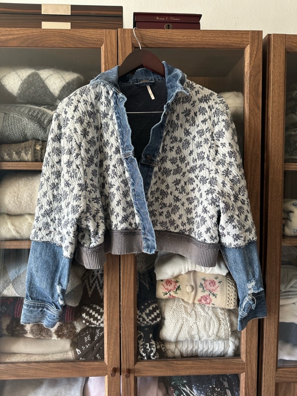 Free People Quilted Floral Mix-Media Jacket in White and Blue